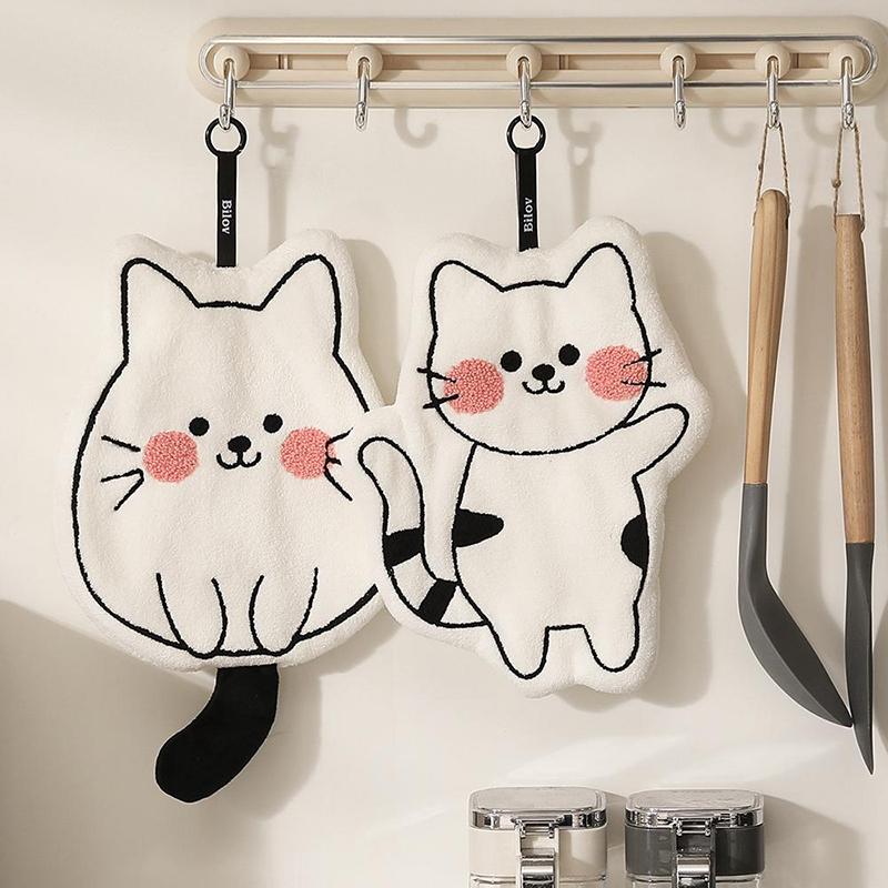 1Pcs Cute Cat Coral Fleece Hanging Towel Kitchen Hand Towel Bathroom Soft Absorbent Handkerchief Wipe Towel Cartoon Kids Towels