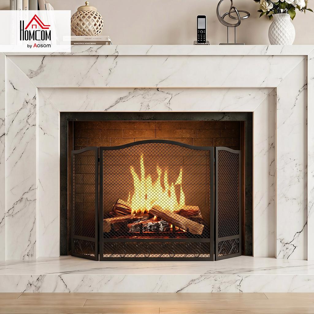 Folding Fireplace Screen, 3 Panels, 107 x 60 cm, Black Metal