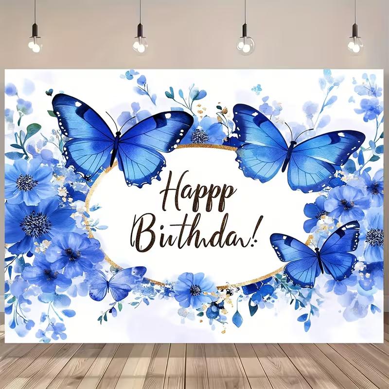 2D Blue Butterfly Happy Birthday Backdrop Photography Background