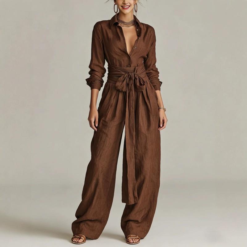 2026 Vintage Solid Color High Waist Wide Leg Jumpsuit With Tie Loose Fit Casual Womens Outfit