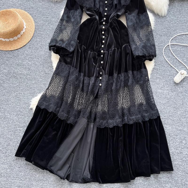 High Street Kleider Frauen Retro Hohle Spitze Patchwork Gold Samt Kleid Französisch Perle Schnalle Taille Länge Vintage Chic Kleider