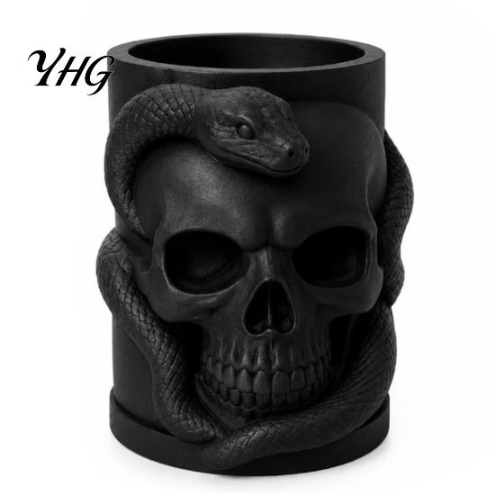 3D Printed Ornament Skull & Snake Pen Holder, Gothic Pencil Collectible Figurine Desk Organizer for Makeup Brush Stationery Storage, Halloween