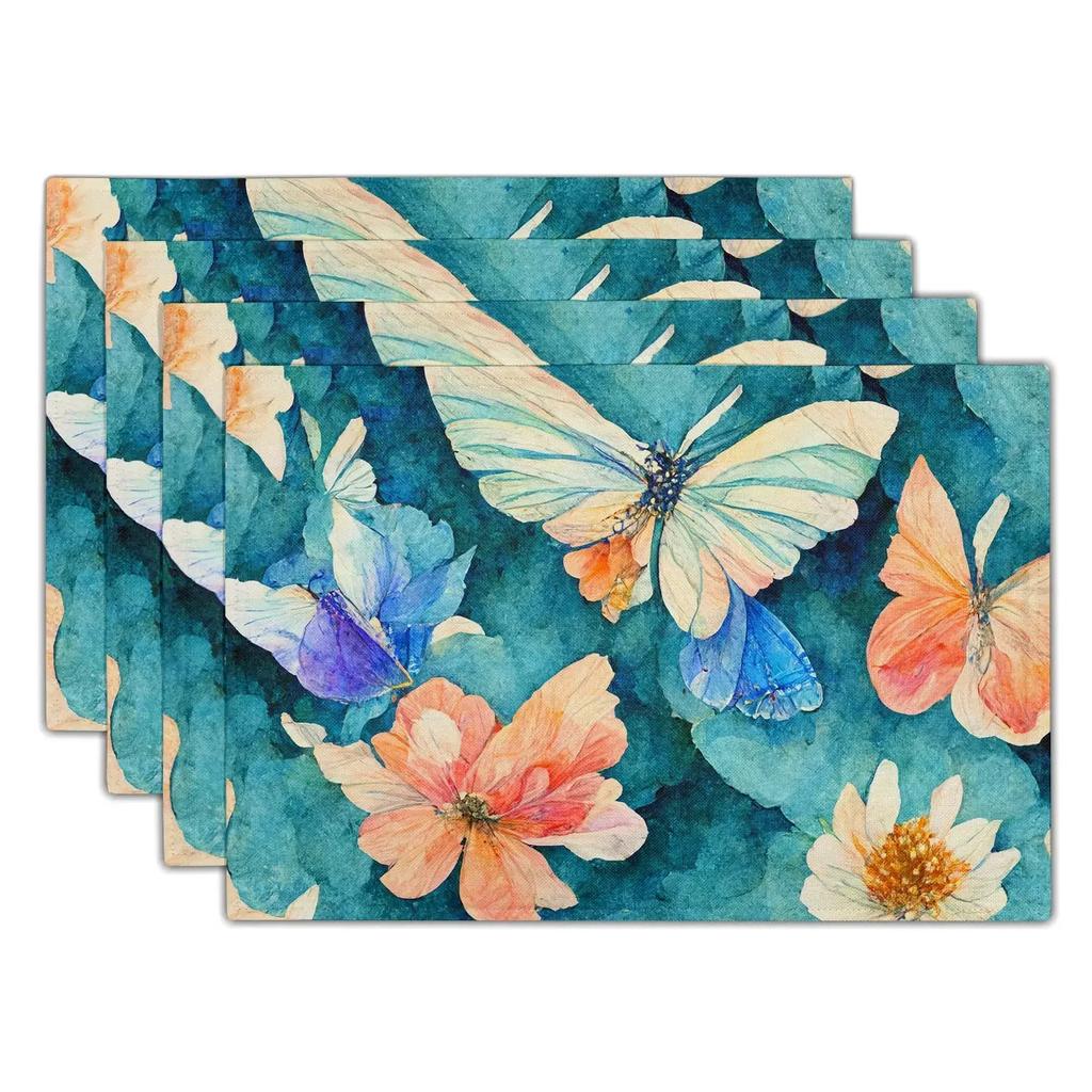 1PC Flowers Butterfly Table Pad Entomology Watercolor Table Mats Rectangle Durable Placemat Heat Insulation Burlap Kitchen Mat
