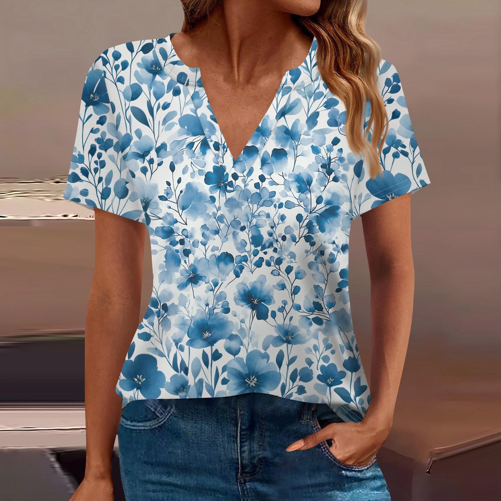 

Женская футболка Футболка с принтом с коротким рукавом Повседневные выходные Мода Базовый топ с V-образным вырезом Обычный топ XXXL синий