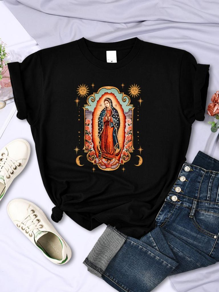 T-shirts pour femme Rue Notre-Dame de Guadalupe Imprimé T-shirts Confortable Col Rond Manches Courtes Douces Été Décontracté Vêtements Féminins