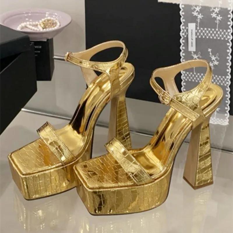 

Fashion Higher Quality Square Toe Ankle Strap Thick Bottom Women Sandals Sexy Open Toe Super High Heeled Slide Sandals Party Dress Shoes 35 золотой