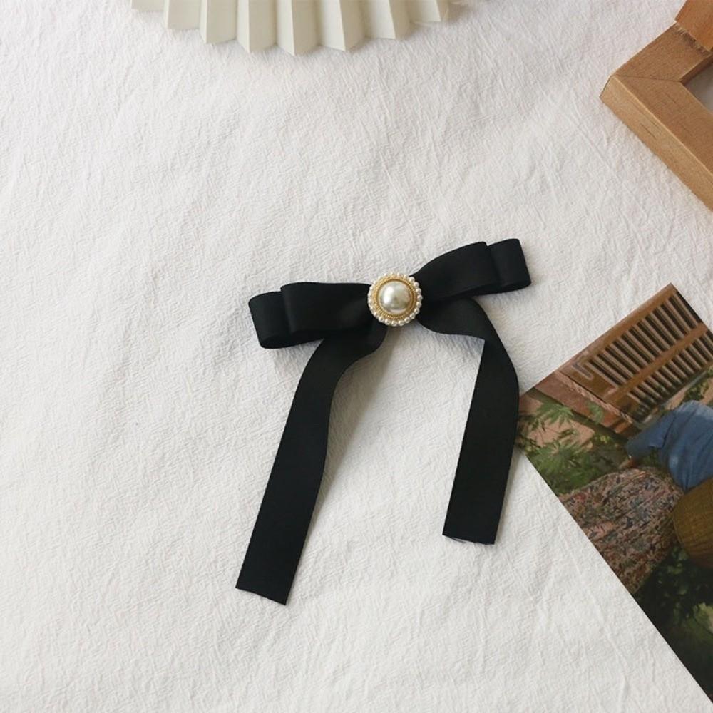 Black Satin Bowknot Brooches Pearl Badge Pin Elegant Clothes Accessories For Funerals and Mourning