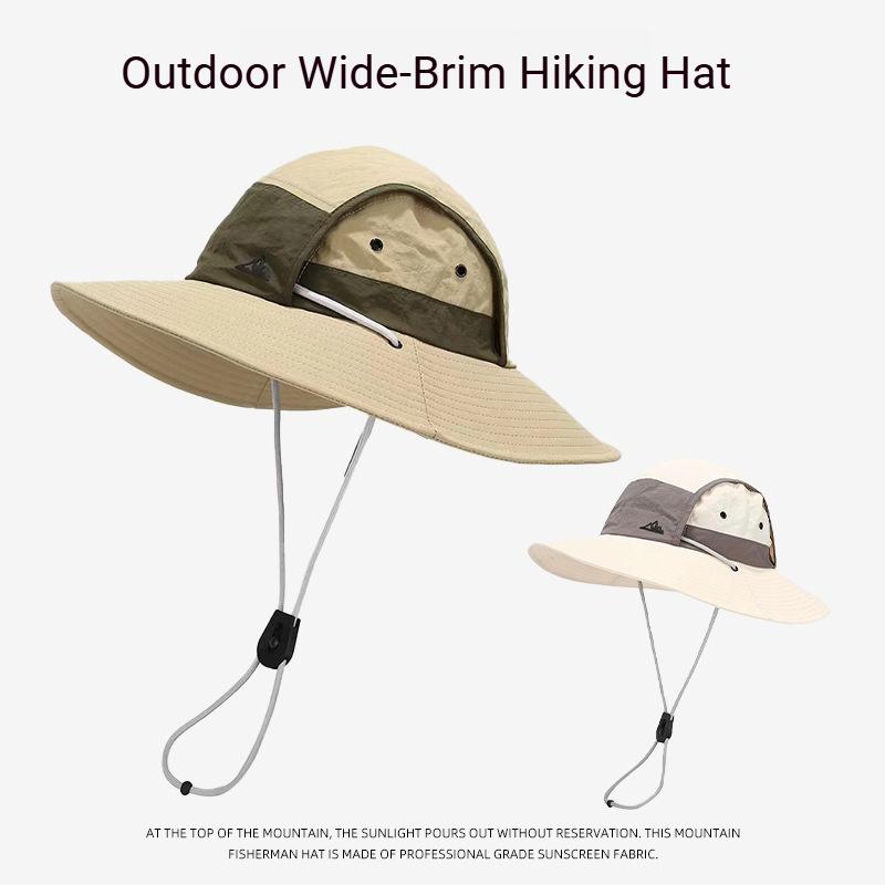 Outdoor Wide Brim Sun Hat for Women Men Summer Quick Dry Breathable Bucket Hat Hiking Fishing Cap Color-block Adjustable Strap