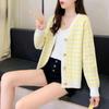 Women's V-Neck Plaid Knit Cardigan, Single-Breasted, Loose Fit, Petite Size, Gentle Style, Suitable for Spring/Autumn