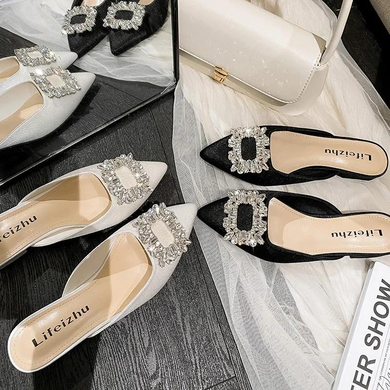 Summer New Women Shoes Rhinestone Slipper Fashion Outdoor Pointed Toe Casual Sandals Girl Heels Mules Shoes