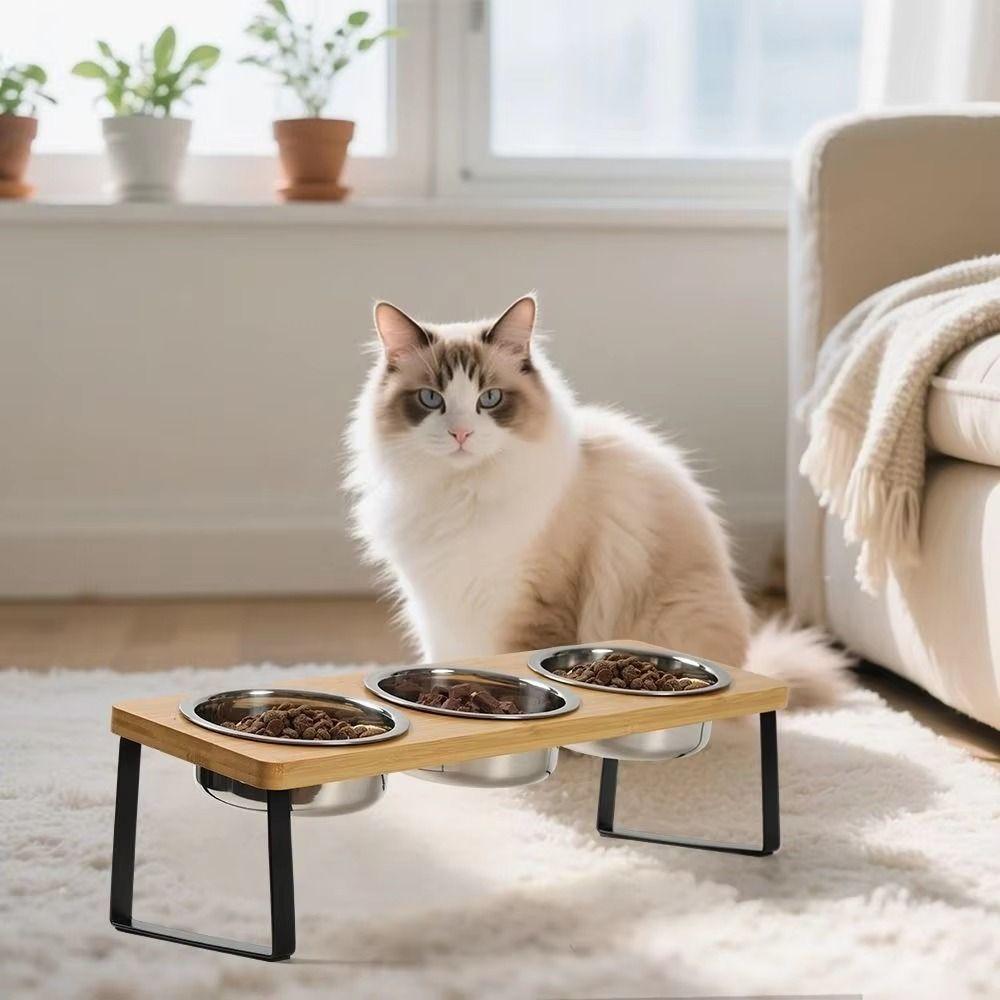 Anti-Leak Pet Feeder Non Slip Wood Dog Water Feeding Dish Cat Bowl Stand  Small to Medium Cats
