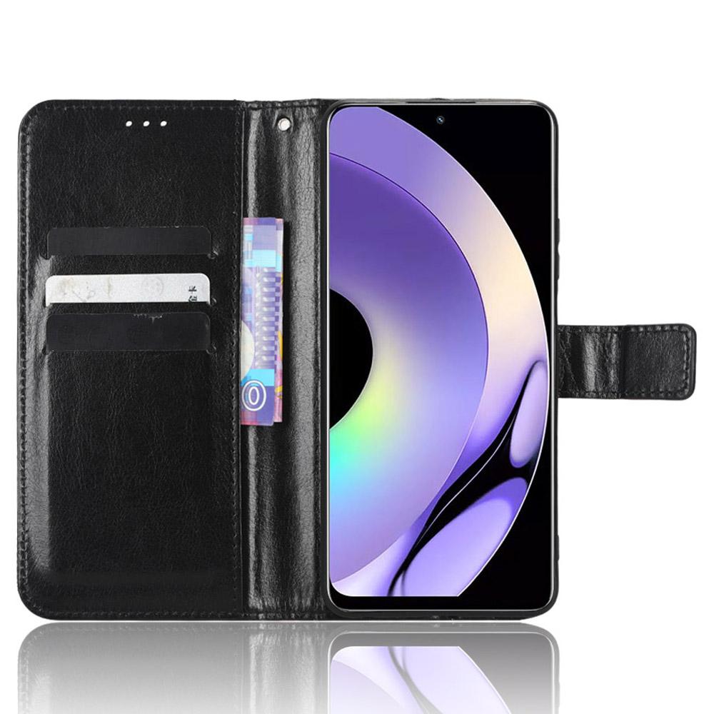 

For Realme 10 4G PU Leather Flip Wallet Phone Case Crazy Horse Texture Full Protection Stand Magnetic Cover with Strap Black