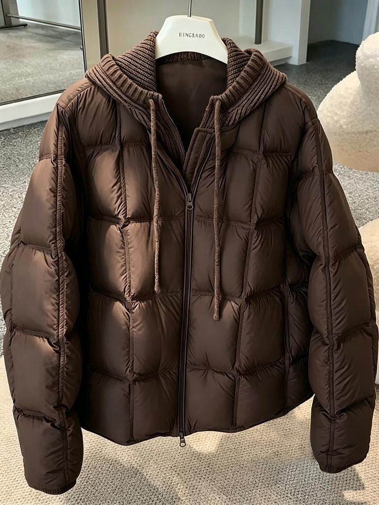 Knitted Hooded Puff Cotton-padded Clothes for Women's New Fake Two-piece Loose Cotton-padded Clothes, Warm and Thickened Cotton-padded Jacket.