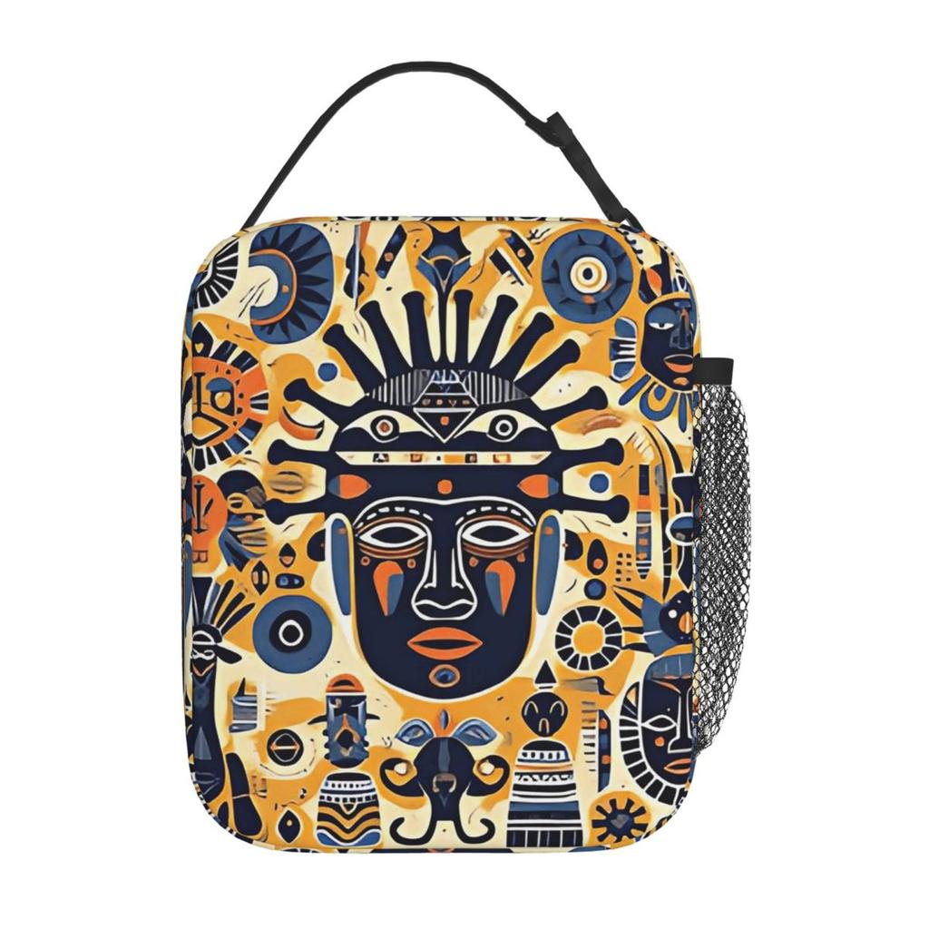 Bronze Cartoon Tribal Gesicht Isoliert Lunchtasche für Frauen Kinder Tragbar Lebensmittelboxen Thermische Lunchbox Tragetasche