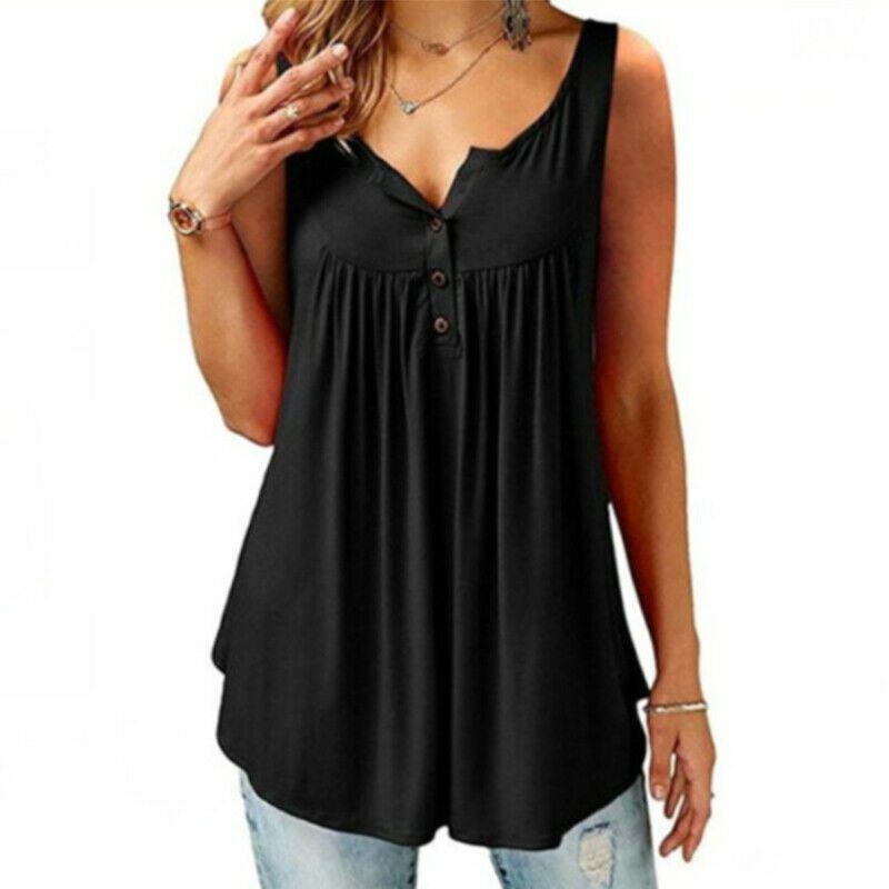 Eleganti Bluse Tunica Svasate da Donna con Scollo O e Volant in Chic Design Senza Maniche con Bottoni