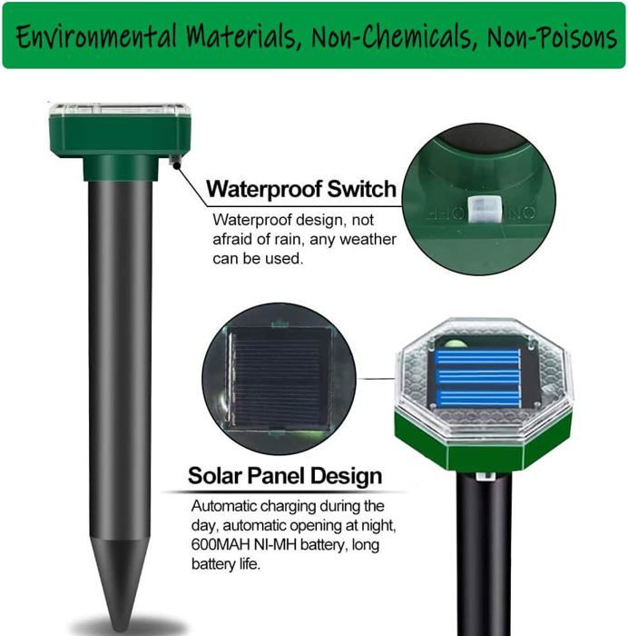 Solar Mole Repeller, 8 Pieces Solar Ultrasonic Mole Repeller, IP65 Waterproof Ultrasonic Mole Repellent, Outdoor Snake Repellent