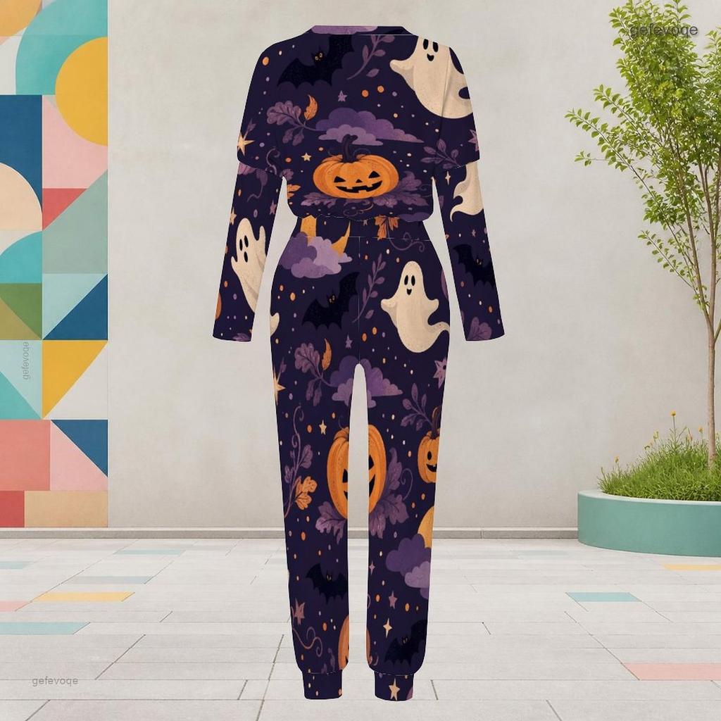 Women Plus Size Dark Purple Halloween Printed Round Neck Long Sleeve Cuffed Top Pocket Cuffed Pants Two Piece Set