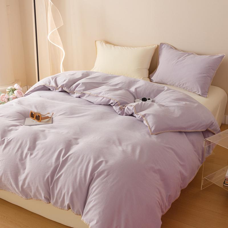 Purple Blue Bedding Set Protein Durable Washed Cotton Color Block Shell Embroidery Comforter Cover Full Size with Pillowcases
