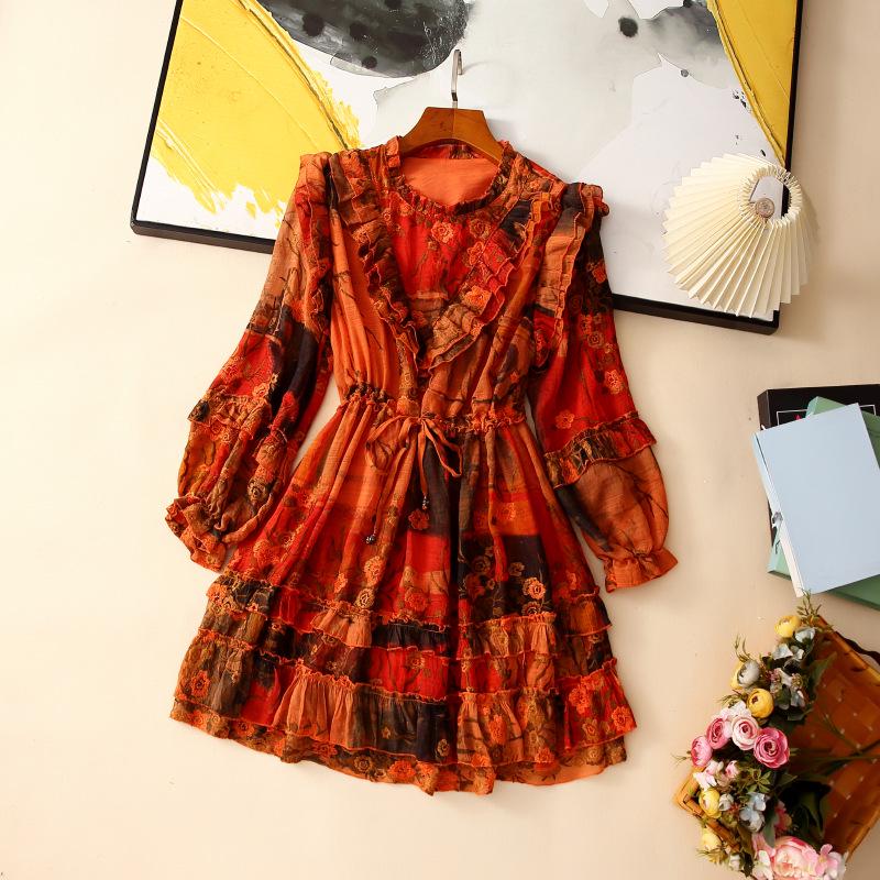 

Petite Plus Size A-line Silk Cotton Dress with Embroidered Print for Women One Size оранжевый/красный