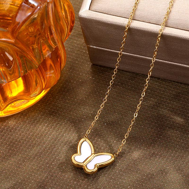 French Retro Butterfly Necklace - White Mother-of-Pearl, Titanium Steel, 18K Gold