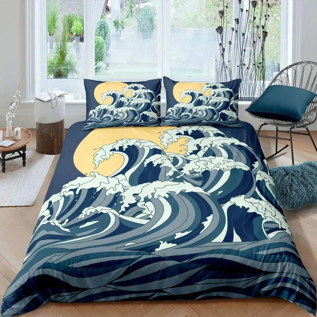 Japanese Ukiyoe Duvet Cover Set Hokusai Pattern Bedding Set Watercolor Sun Mountain Comforter Cover Exotic Style Quilt Cover Set