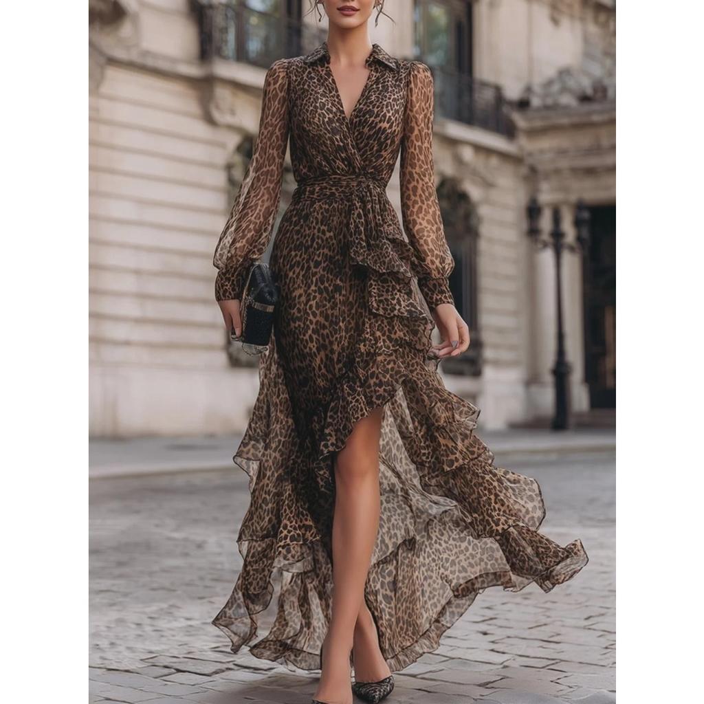 Dámské Šaty s Límcem a Dlouhým Rukávem, Leopardí Vzor, Maxi, Štíhlý Střih, Vysoký Pas, Elegantní Večerní Šaty