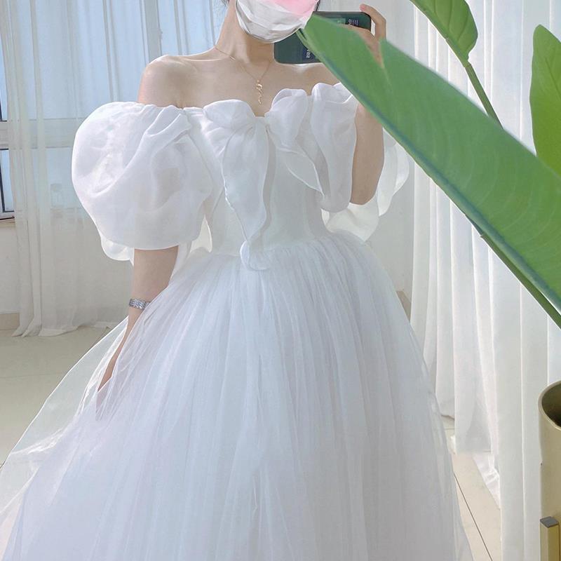 French light wedding dress 2025 spring new bubble sleeves two wear temperament dress bridal wedding tutu dress