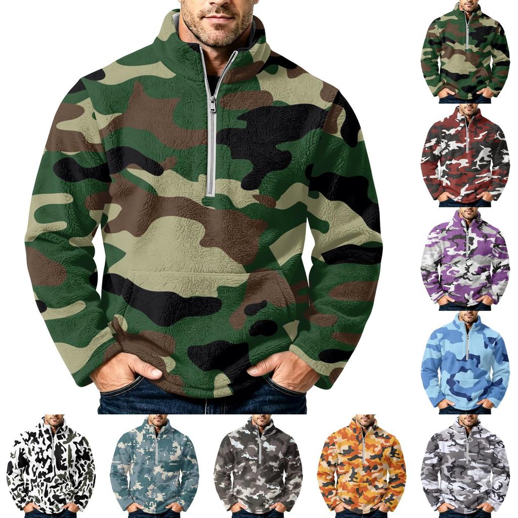 Men's Camouflage Print Flannel Zip-Up Sweatshirt, Stand Collar Plus Size Fall Winter Casual