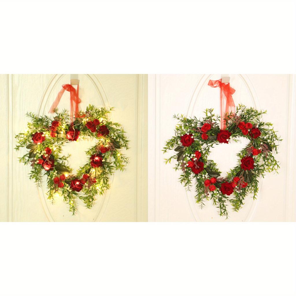 Valentines Day Heart-shaped Decorative Wreath, Hanging Garlands with Artificial Roses and Leaves, With/ Without Light