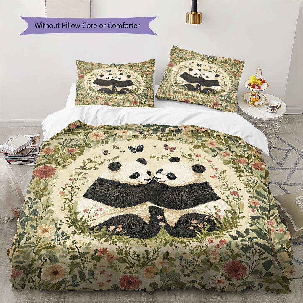 Panda and Grassland Pattern Bedding Home Decoration Birthday Gift (1 * duvet cover + 2 * pillowcase, without core)