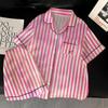 Ice Silk Pajamas Women'S Summer Pink Striped High-Value Cool Short-Sleeved Loungewear Fashion Suit