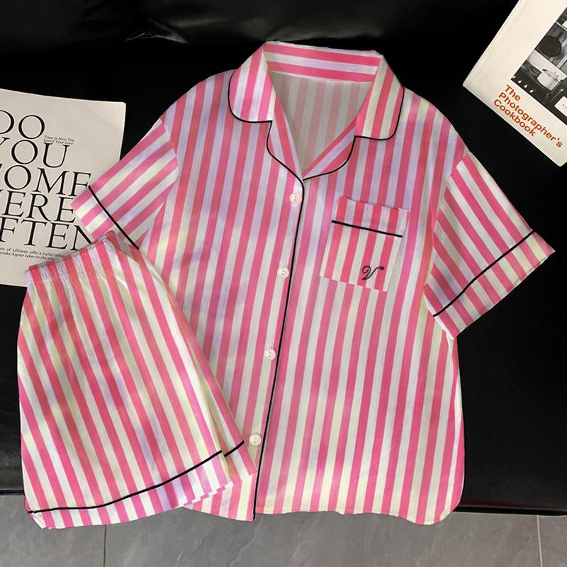 Ice Silk Pajamas Women'S Summer Pink Striped High-Value Cool Short-Sleeved Loungewear Fashion Suit