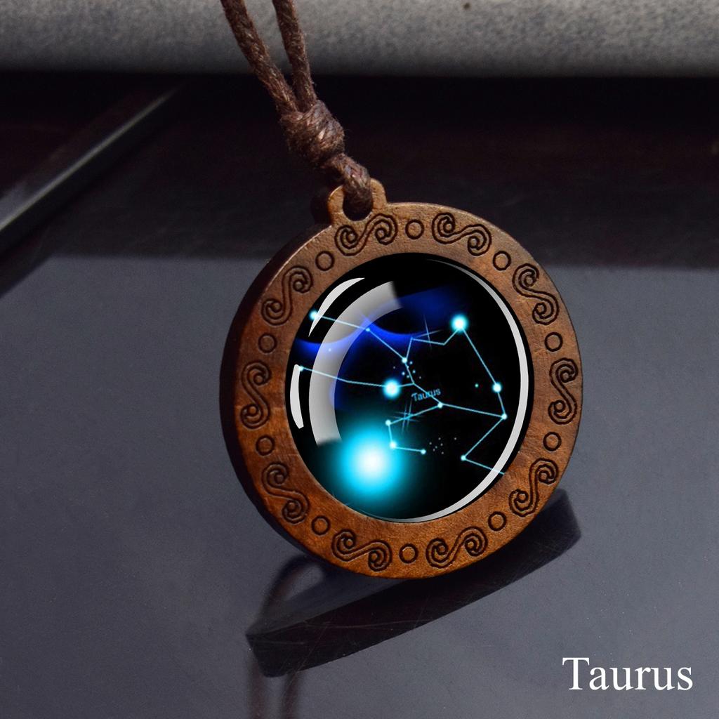 12 Constellation Necklace Starry Sky Zodiac Round Glass Wood Pendant Necklace Birthday Gift Couples Jewelry