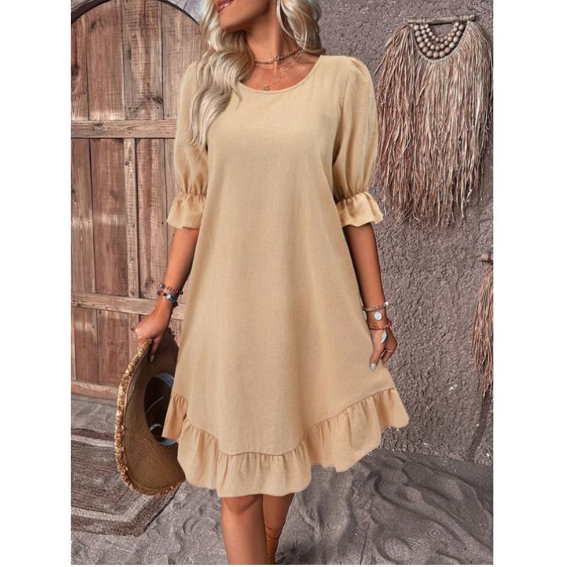 Women's Vintage Cotton Linen Mid Sleeve Solid Colour Loose Round Neck Dresses