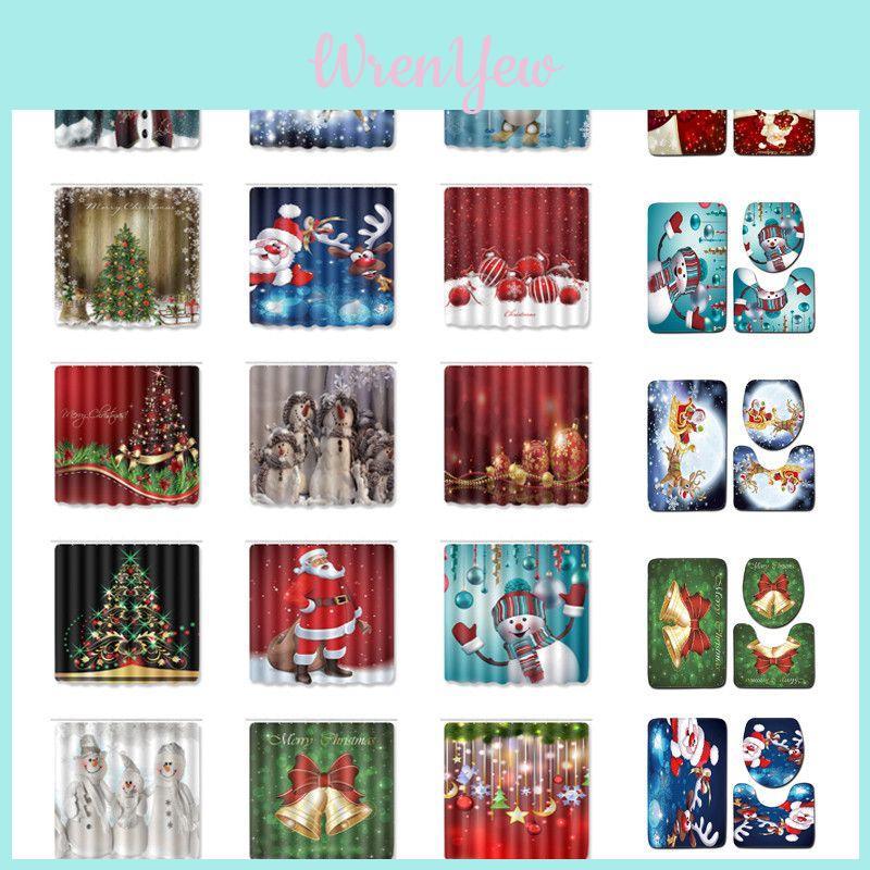Beautiful 4pcs Christmas Shower Curtain And Toilet Cushion Set For Holiday Home Decoration