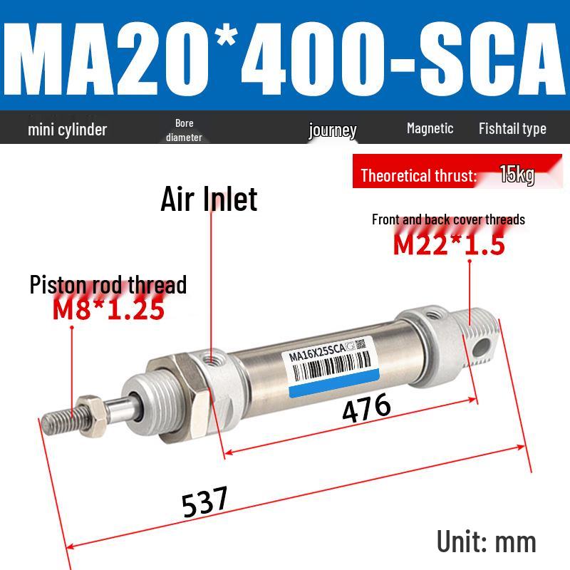 Mini Stainless Steel Pneumatic Cylinder MA Series (16-40mm Bore, 50-200mm Stroke)