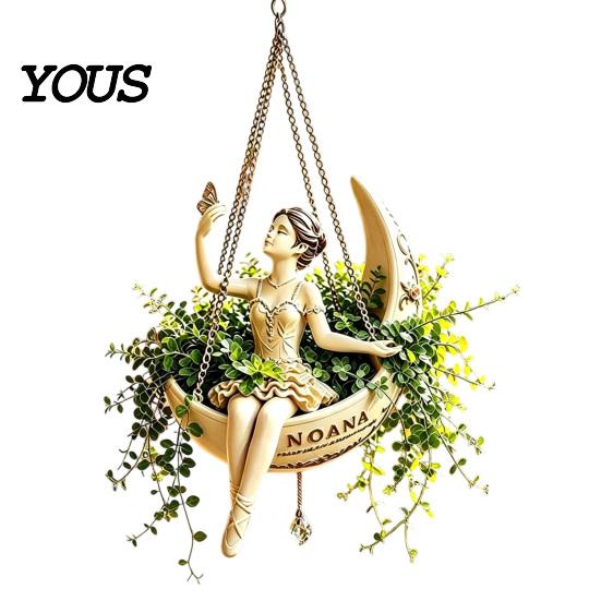 Space Saving Plant Display Ballet Dancer Hanging Planter, Ballerina Sitting on Crescent Pot, Decorative Indoor Outdoor Holder Resin Flower Pot