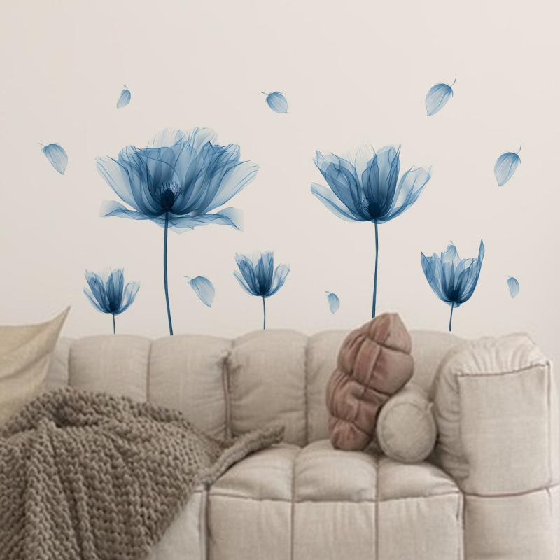 Pegatina de Pared Autoadhesiva de Flor Azul para Sala de Estar Fondo de Sofá Decoración de Dormitorio Decoración del Hogar Arte de Pared Pelar y Pegar