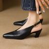 New elastic band high heels women's shoes thick heel bag head empty single shoes full leather black work small leather shoes comfortable