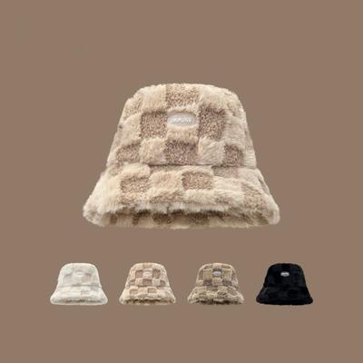 Lamb Wool Plaid Fisherman's Hat Children's Autumn and Winter Thickened Thermal Basin Hat Show Face Young Student Couple Bucket Hat