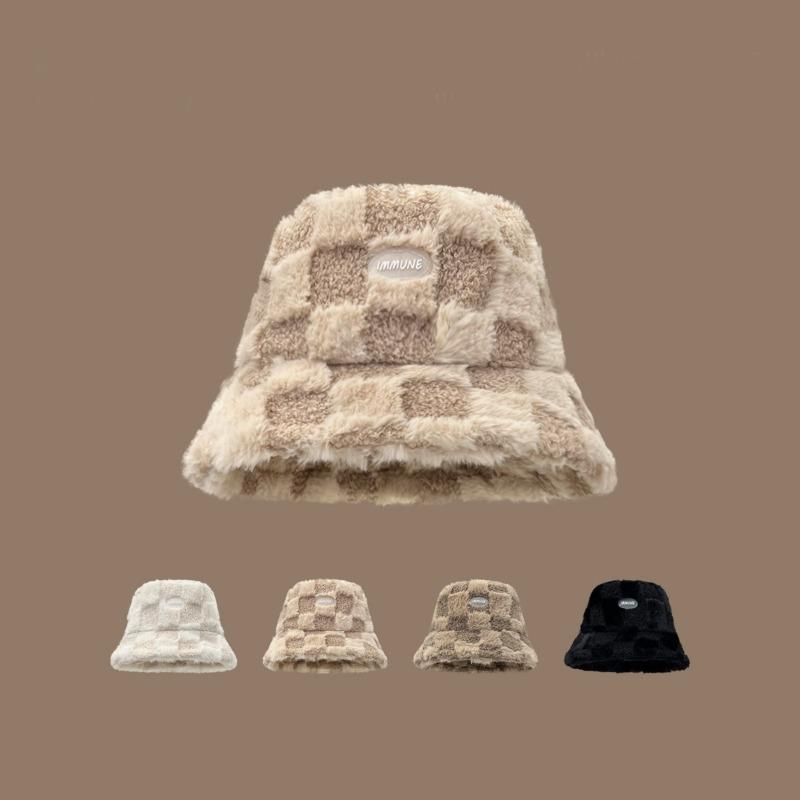 Lamb wool plaid fisherman's hat Children's autumn and winter thickened thermal basin hat Show face Young student couple bucket hat