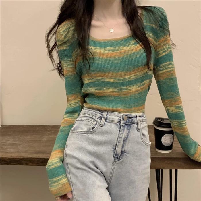 Women's Slim Fit Striped Contrast Long-Sleeve Autumn Sweater