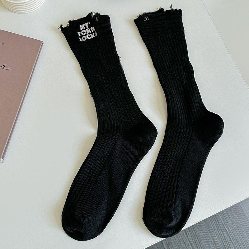 Hole Embroidered Socks Style Street Trend Fashion Hole Socks Beggar Socks Pure Cotton Medium Tube Socks