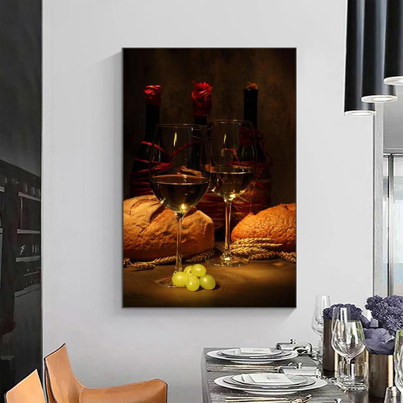 Wine Glass Bottle Posters and Prints Canvas Painting Wall Art Pictures for Dining Room Home Decor Grapes Wooden Barrel Cuadros