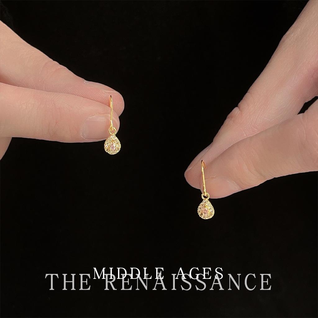 Full of zirconium water drop stud earrings retro French court style ear hook versatile earrings women