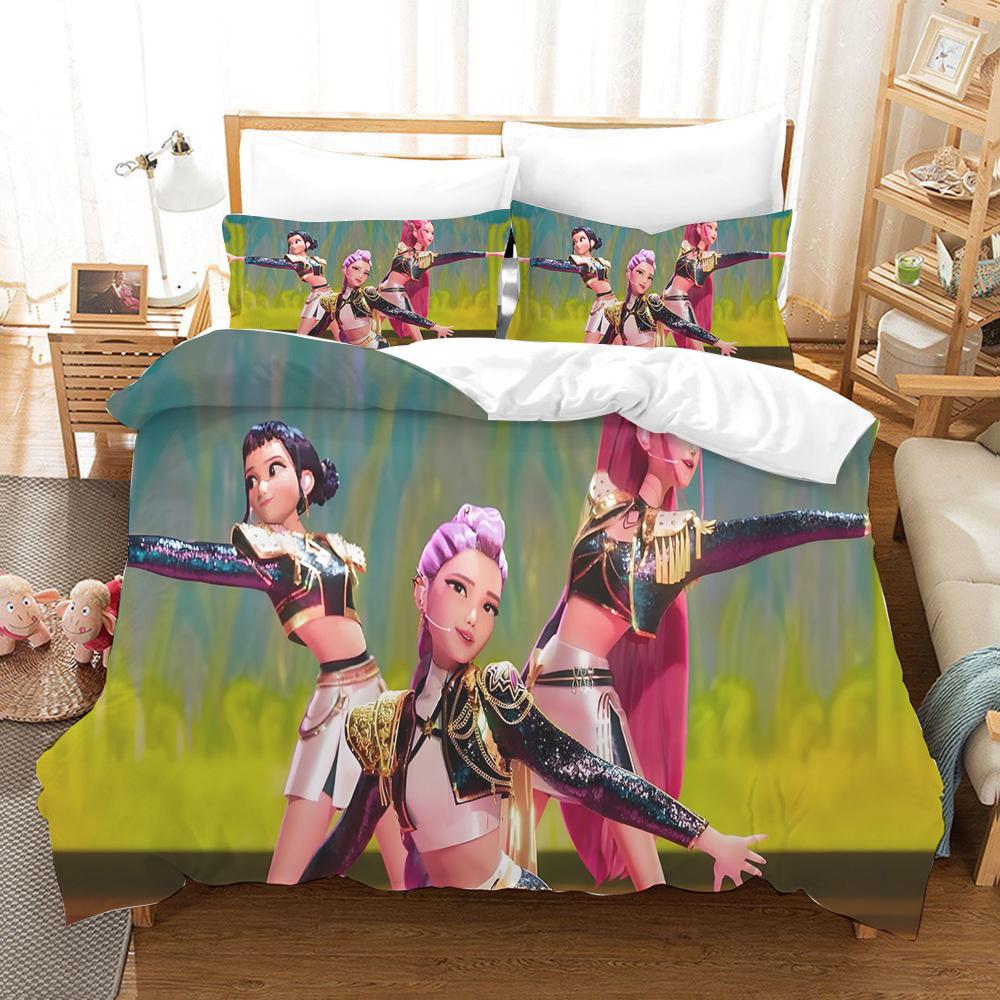 KPop Demon Hunters Zestaw Poszwy na Kołdrę Kreskówkowy Rumi Mira Zoey Zestaw Pościeli Poszewka na Poduszkę Rozmiar Twin Full Queen King