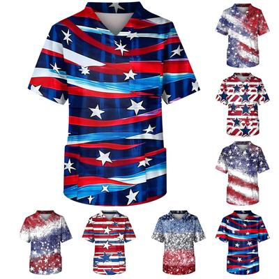 Ropa de trabajo de moda para hombre, con cuello en V, manga corta y bolsillos, camisetas y ropa de trabajo con estampado del Día de la Independencia.