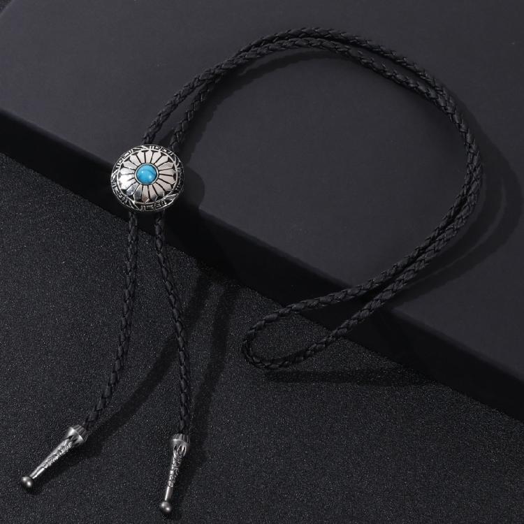 5Pcs Western Cowboy Vintage Flower Stone Pendant Bolo Tie Braided Leather Rope Cord Necktie Necklace Jewelry Neckwear