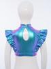 Kids Dance Shirt Metallic Mock Neck Mesh Patchwork Rhinestone Ruffle Crop Top with Press Buttons