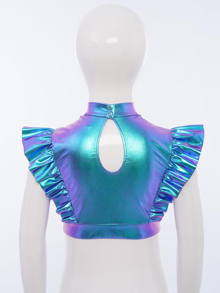 Kids Dance Shirt Metallic Mock Neck Mesh Patchwork Rhinestone Ruffle Crop Top with Press Buttons